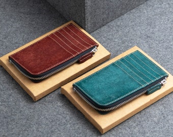 Card case leather personalized, zip wallet small