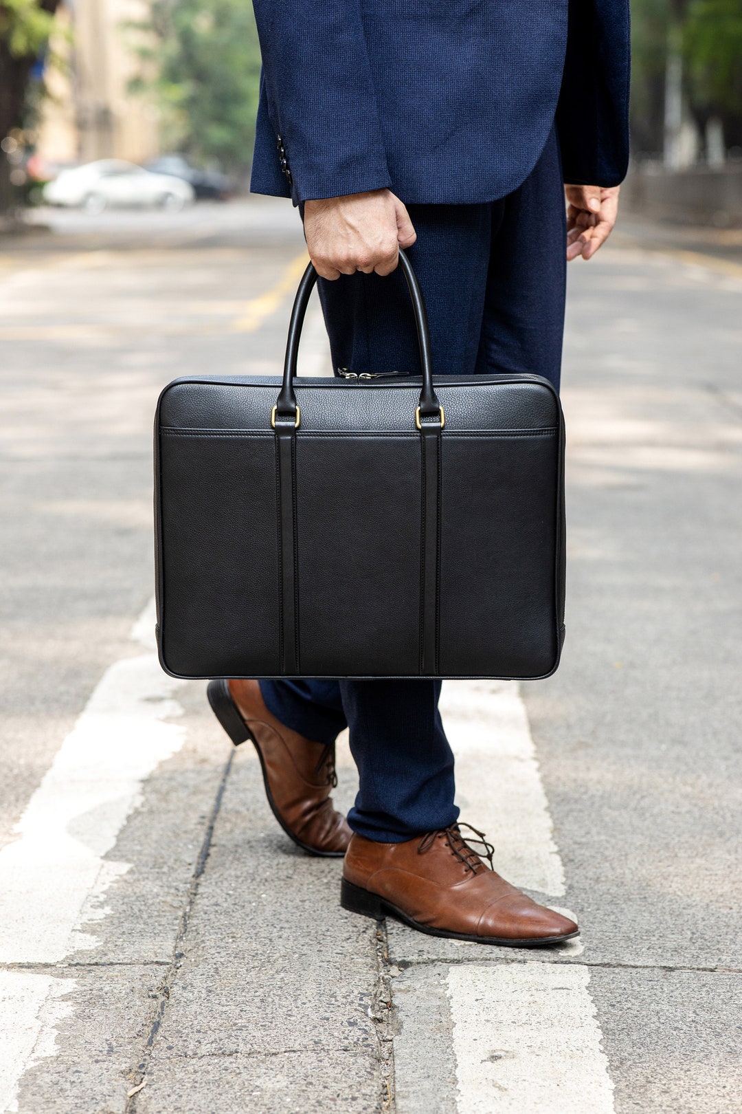 Slim Black Leather Briefcase With Double Handles Etsy