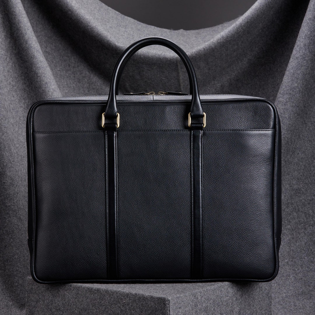 Slim Black Leather Briefcase With Double Handles, Christmas Gifts for ...