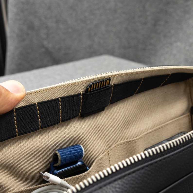 The tech pouch has interior organization to store your SD Cards. Designed with a flap closure to keep all items covered and secure.