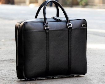 Slim Leather Briefcase for Men - Black