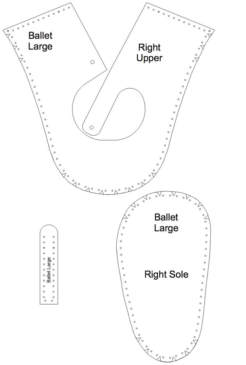 May include: A pattern for a ballet shoe, labeled "Ballet Large" and "Right Upper" and "Right Sole".