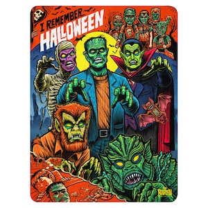 May include: A colorful illustration of classic Halloween monsters, including Frankenstein, Dracula, the Creature from the Black Lagoon, and a werewolf. The image has a retro comic book style and includes the text "I Remember Halloween".