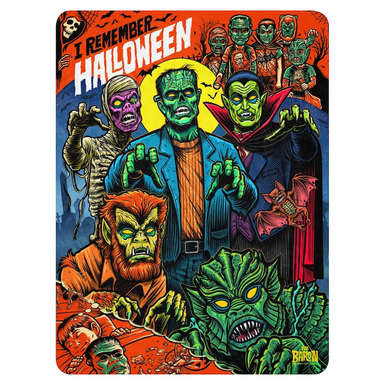 May include: A colorful illustration of classic Halloween monsters, including Frankenstein, Dracula, the Creature from the Black Lagoon, and a werewolf. The image has a retro comic book style and includes the text "I Remember Halloween".