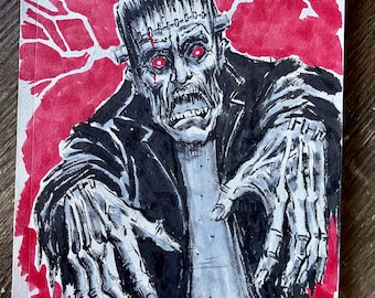 Frankenstein Monster 5.75x8.5” pen and ink + marker original drawing