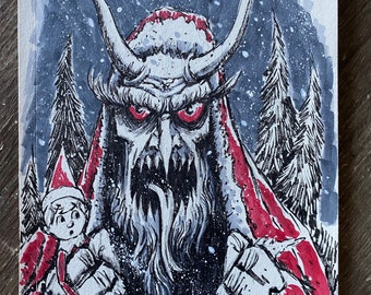 Krampus Christmas Monster 5.75x8.5” pen and ink + marker original drawing