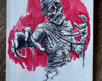 Mummy 5.75x8.5” pen and ink + marker original drawing
