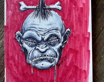 Voodoo shrunken head 5.75x8.5” pen and ink + marker original drawing