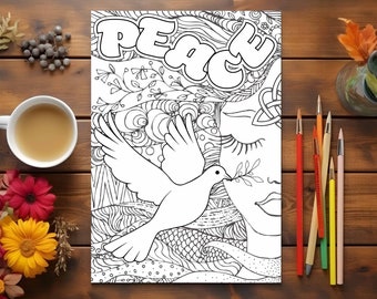 Spiritual coloring page for adults with one word positive affirmation, Peace, printable art therapy for mental health and anxiety relief.