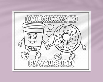 Cute coloring page with a donut and coffee cup holding hands! Fun, easy cartoon coloring sheet with bold, simple lines.