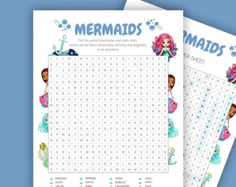 Printable Mermaid Word Search for Kids, Ocean Learning Activity Puzzle Game, Teacher & Parent Resource, Education Worksheet