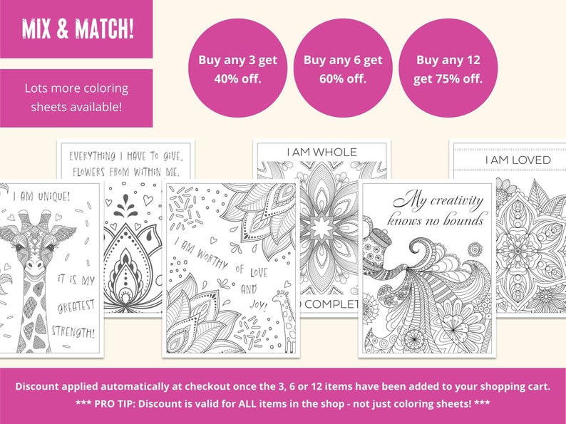 Many more coloring sheets available - buy 3 get 40% off, buy 6 get 60% off, buy 12 get 75% off. Discount applied automatically at checkout and can be used on all items in the shop - not just coloring sheets.