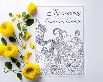 Mental Health Coloring Page for Adults with Positive Affirmation. Flower Mandala Art, Stress and Anxiety Relief.