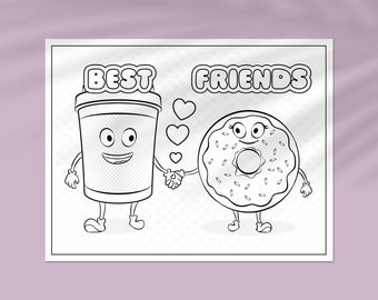 Easy coloring page with donut and coffee cup holding hands! Fun, pop art cartoon coloring sheet with bold, simple lines.