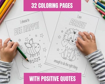 32 printable coloring pages for kids with positive affirmations, activity sheet bundle, art therapy to boost self esteem