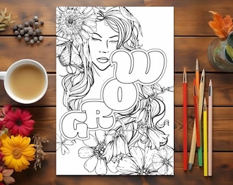 Printable spiritual growth coloring page for adults with one word positive quote, Grow. Art therapy for mental health & anxiety relief.