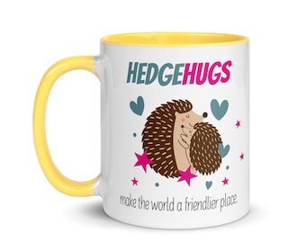 Hedgehogs gift mug. Cute hug mug for love, care or sympathy. Positivity gift for mother, daughter, girlfriend, best friend. Two Tone yellow.