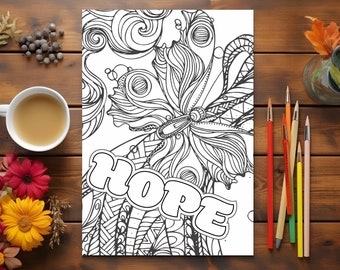 Spiritual coloring page for adults with one word positive affirmation, Hope, printable art therapy for mental health and anxiety relief.