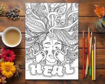 Spiritual coloring page for adults with one word positive affirmation, Heal, printable art therapy for mental health and anxiety relief.