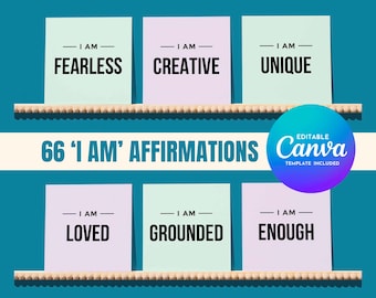 66 Printable I Am Affirmation Cards, Instant Download, Editable Canva Cards, Positive Affirmation Cards, Mindfulness Cards, Self Belief Card