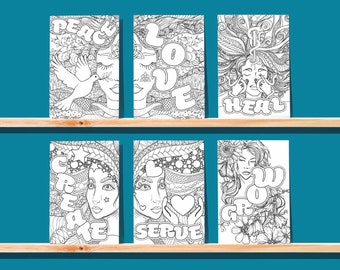 12 Spiritual Coloring Pages for Adults with One Word Positive Affirmation Quotes, Mental Health Tool, Art Therapy, Anxiety Relief