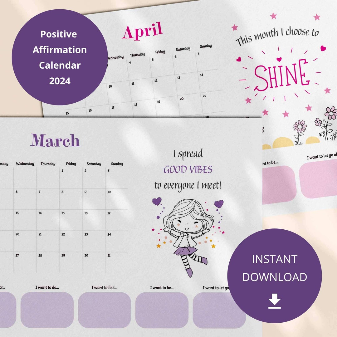 Printable Positive Affirmation Calendar 2024. Monthly Calendar Etsy