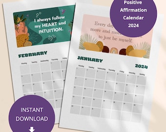 Printable Positive Affirmation Calendar 2024, Digital PDF download, Motivational Quotes Calendar, Self-Care Calendar, A4 Monthly Calendar
