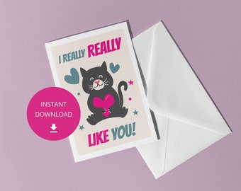 Printable love card with quote, "I really really like you." A sweet greeting card with a cat holding a heart. (beige background)