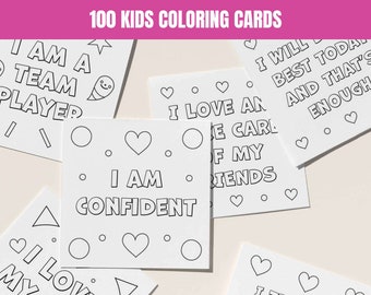 100 printable kids coloring affirmation cards. Coloring therapy activity cards for children. Encourage creativity, self esteem & self love.