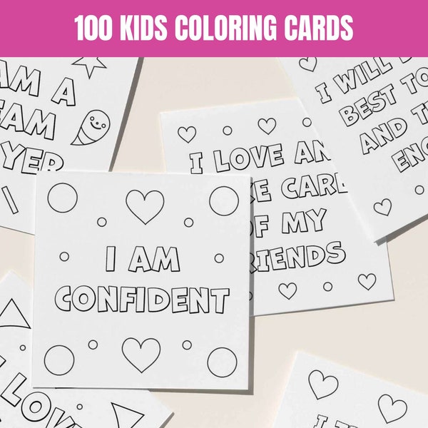 100 printable kids coloring affirmation cards. Coloring therapy activity cards for children. Encourage creativity, self esteem & self love.