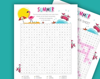 Summer Word Search, Printable Word Searches for Kids, Holiday Activity Puzzle Game, Teacher & Parent Resource, Educational Worksheet