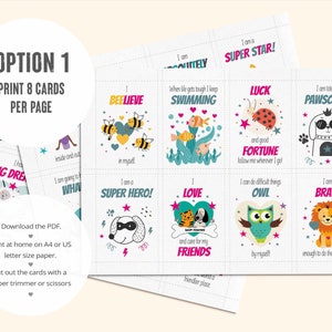 Kids affirmation cards, laid out 8 to a page, to download and print at home. PDF file, suitable for A4 and US Letter size printing.

Positivity flash cards for kids.
