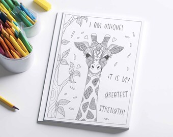 Giraffe Coloring Page with Positive Affirmation, "I am unique." Geometric Pattern, Mandala Art, for Mental Health and Anxiety Relief.