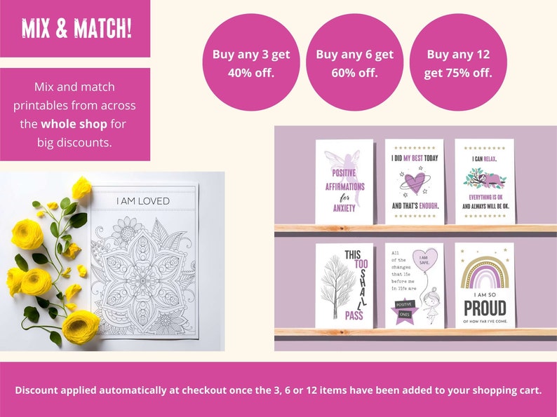 Mix and match printables from across the whole shop for big discounts. 40% off 3 items. 60% off 6. 75% off 12.