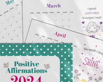 Positive Affirmation 2024 Calendar, Digital Printable Calendar, Digital PDF Download, Positive Vibes Cute Calendar, Digital Art Calendar.