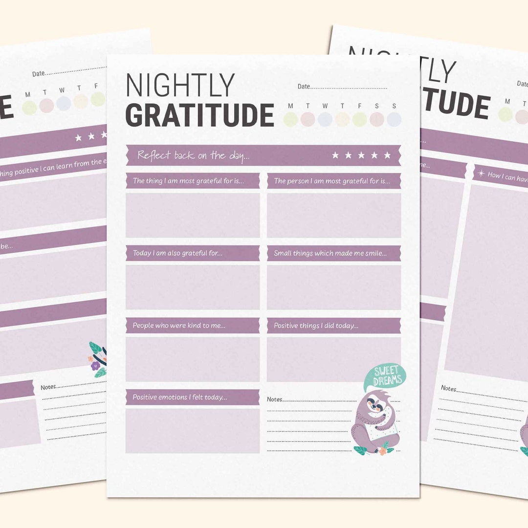 Nightly Gratitude Journal, Printable Daily Worksheets, Evening ...