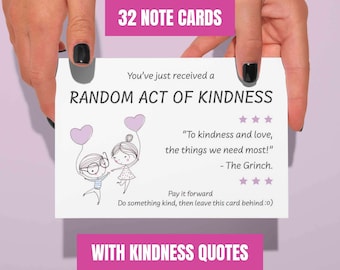 32 random act of kindness cards, each with a unique kindness quote. Kindness challenge, Gift note tags, Printable PDF.