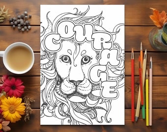 Mental health coloring page for adults with lion and one word positive quote, Courage. Printable spiritual art therapy for anxiety relief.