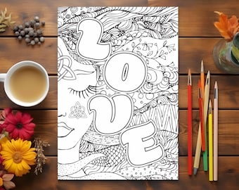Spiritual coloring page for adults with one word positive quote, Love, printable art therapy for mental health and anxiety relief.