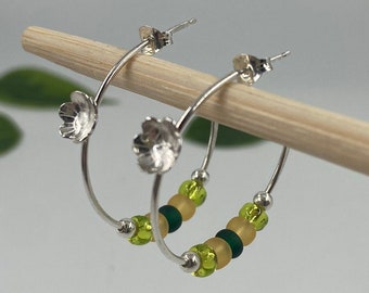 Recycled Hoop Earring, Flower Hoop, Yellow Bead Hoop