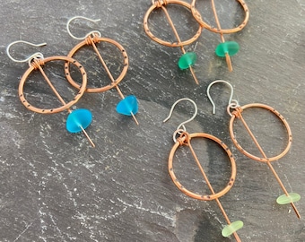 Copper Hoop Earrings, Sea Glass Earrings