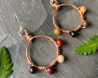 Copper Hoop Earrings, Beaded Earring, Boho Beads