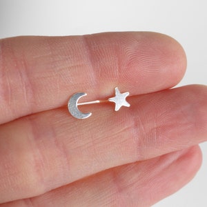 Moon and Star Earring Pair, Sterling Silver Studs UK