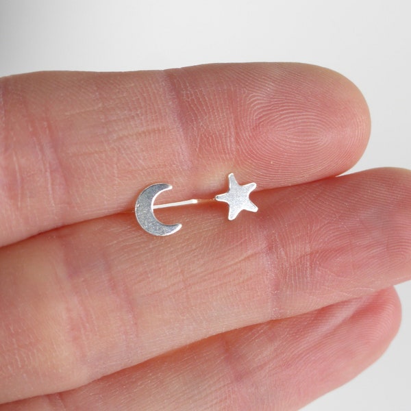 Moon and Star Earring Pair, Sterling Silver Studs UK