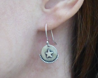 Silver Disc Earrings, Star Earrings, Disc Dangle Earrings