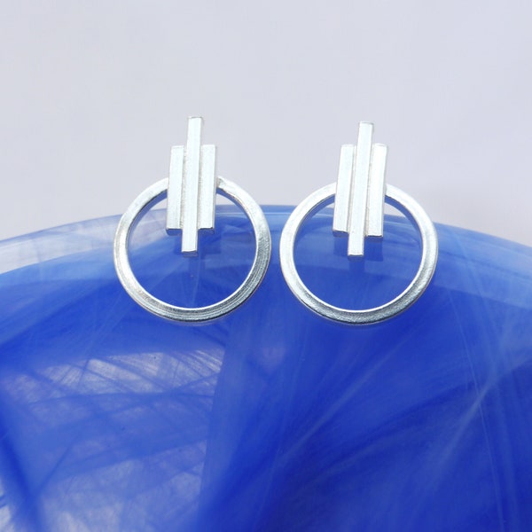 Art Deco Studs, Open Circle Post Earrings, Silver Stud Earrings, Flat Earrings, Silver Circle Stud Earrings