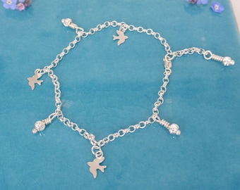 Silver Bird Charm Bracelet, Bead Bracelet, Adjustable Bracelet