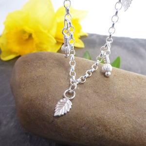 Sterling Silver Bracelet, Charm Bracelet, Leaf Bracelet, Beaded Bracelet