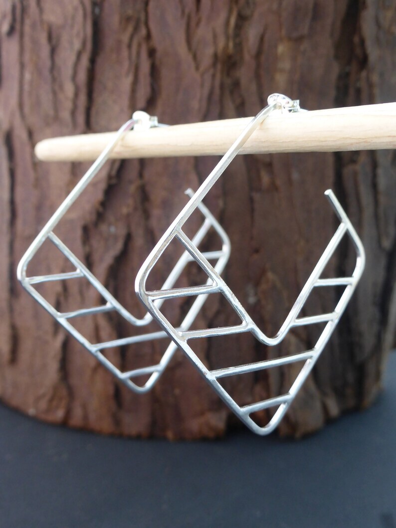 Large Square Silver Hoop Earrings with Unusual Geometric Detail