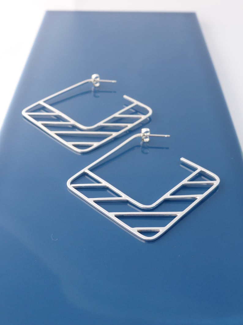 Large Square Silver Hoop Earrings with Unusual Geometric Detail